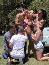 DirtySexNet presents: Three naughty girls gets banged outdoors in group sex game