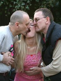 DirtySexNet presents: Petite blonde teenie girl enjoying two old biker penises