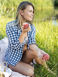 DirtySexNet presents: Skinny blonde Paulina gets naked on a blanket in a field of wheat